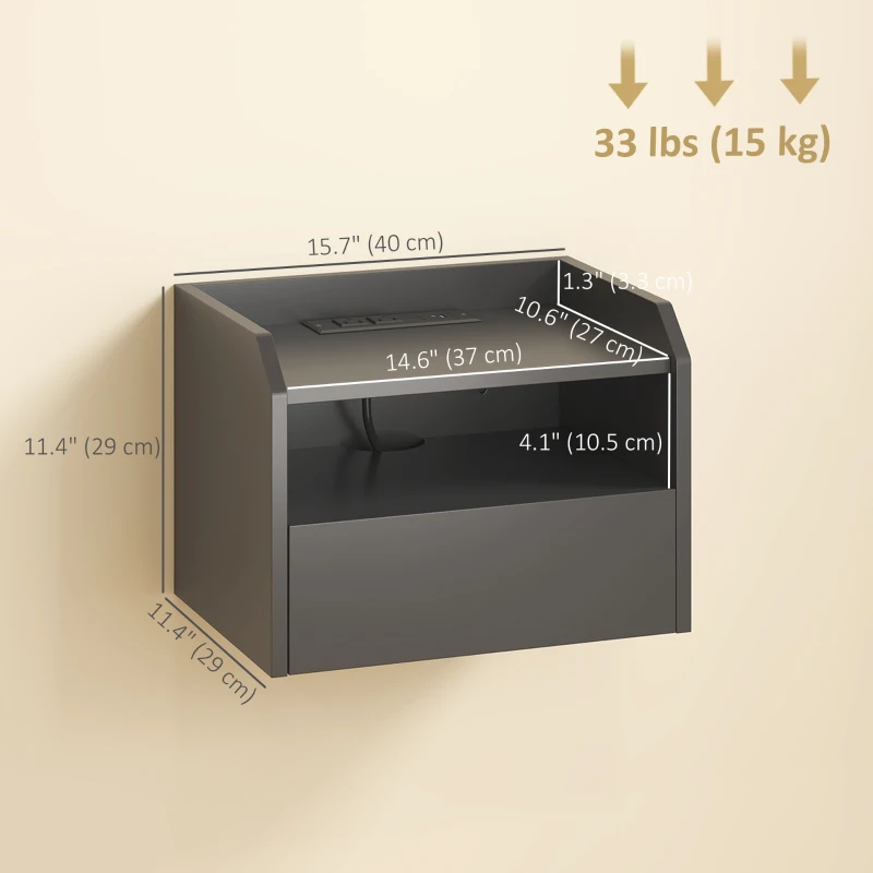 HOMCOM Wall Mounted Bedside Table, Set of 2 Floating Nightstand with Charging Station, Drawer and Open Shelf for Bedroom, Black