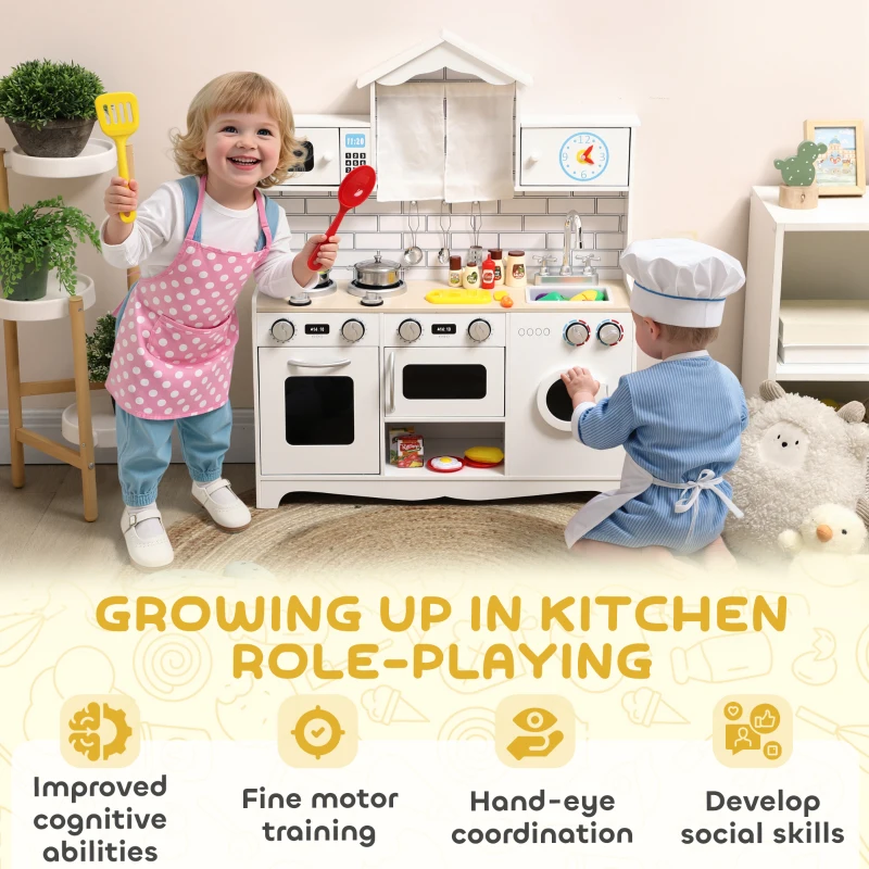 Qaba Pretend Play Kitchen for Kids, Pretend Kids Kitchen Playset with Switch Knob Sound, Clock, for Ages 3-6 Years, White