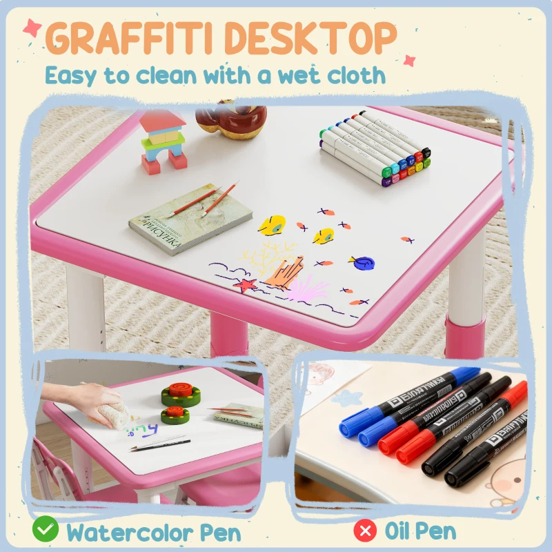 Qaba 3 Pieces Toddler Table and Chair Set, Height Adjustable Kids Table and Chair Set w/ Storage, for Playroom Pink