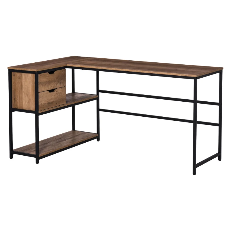 HOMCOM L-Shaped Home Offie Computer Desk with Storage Shelves, 2 Dawers and Industrial Steel Frame, Black/Brown