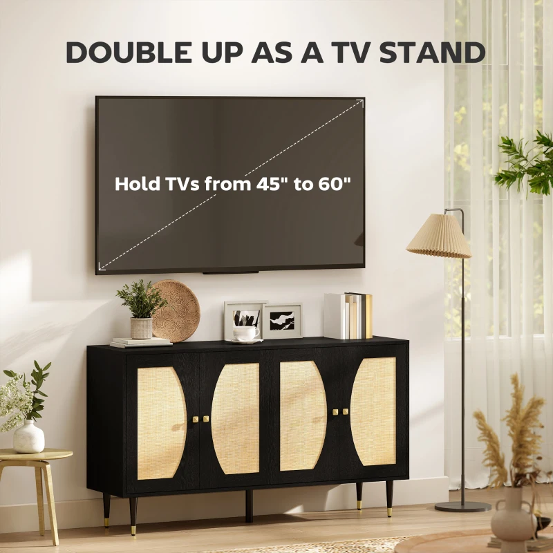 HOMCOM 55" Sideboard Buffet Cabinet, Boho Storage Cabinet with Adjustable Shelves, Soft Close Doors and Rattan Front, Black