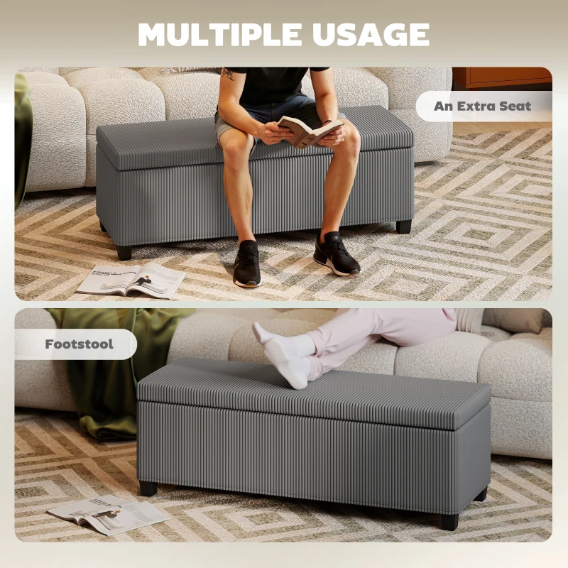 HOMCOM 47 Inches Storage Ottoman Bench, Foot Rest with Legs, End of Bed Bench, Corduroy Storage Chest for Living Room, Gray