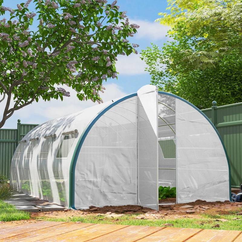 Outsunny Tunnel Greenhouse Walk-in Plant Warm House with 2 Hinged Doors, 8 Mesh Windows, 20' x 10' x 6.6', White