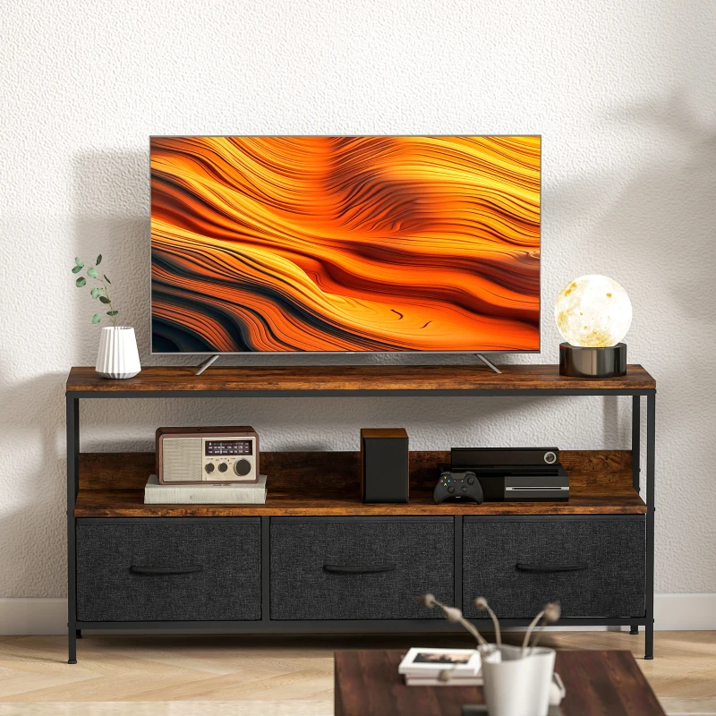 HOMCOM TV Stand with Charging Station, TV Table with 3 Foldable Linen Drawers and Open Shelf for 55 Inch Television, Rustic Brown
