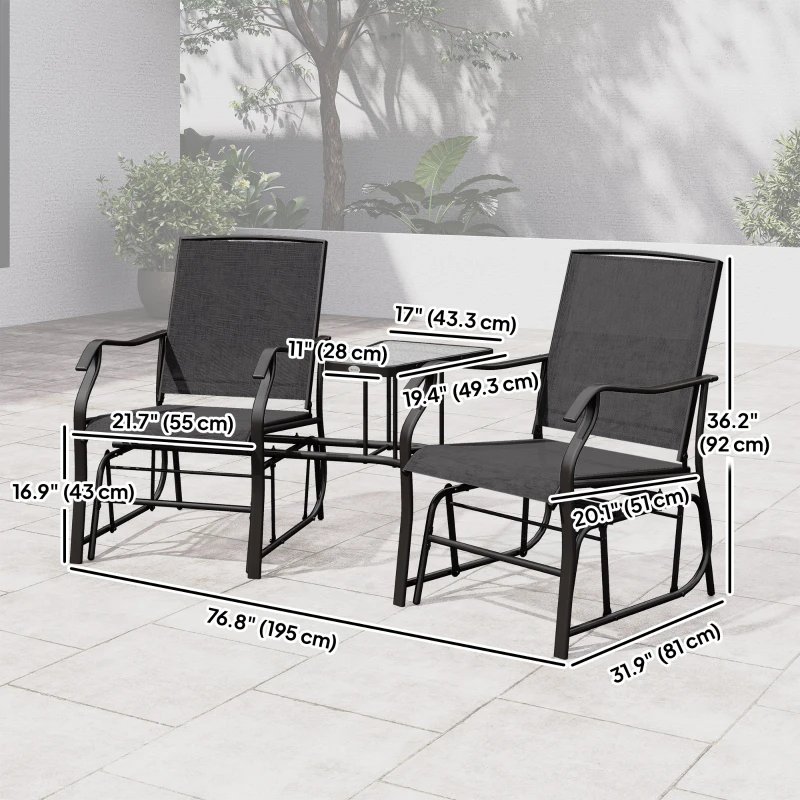 Outsunny Patio Double Glider Chair with Glass Top Center Table, Outdoor Glider Chair with High Back,  Sling Fabric for Garden, Bench, Black