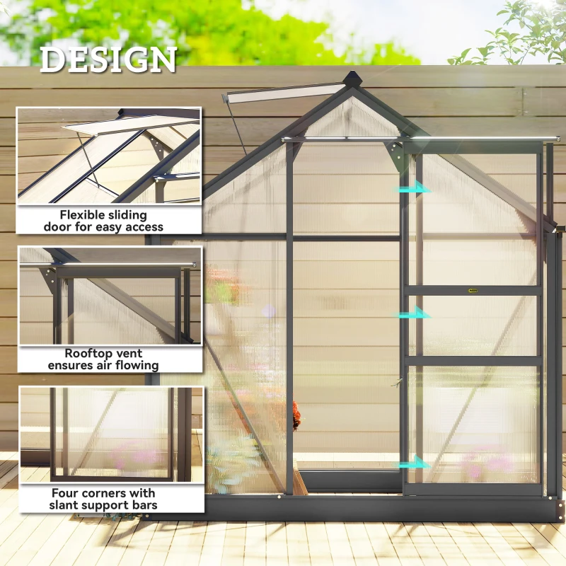 Outsunny Polycarbonate Greenhouse, Heavy Duty Outdoor Aluminum Walk-in Green House Kit Vent Door, 6.2'x4.3'x6.6' Gray