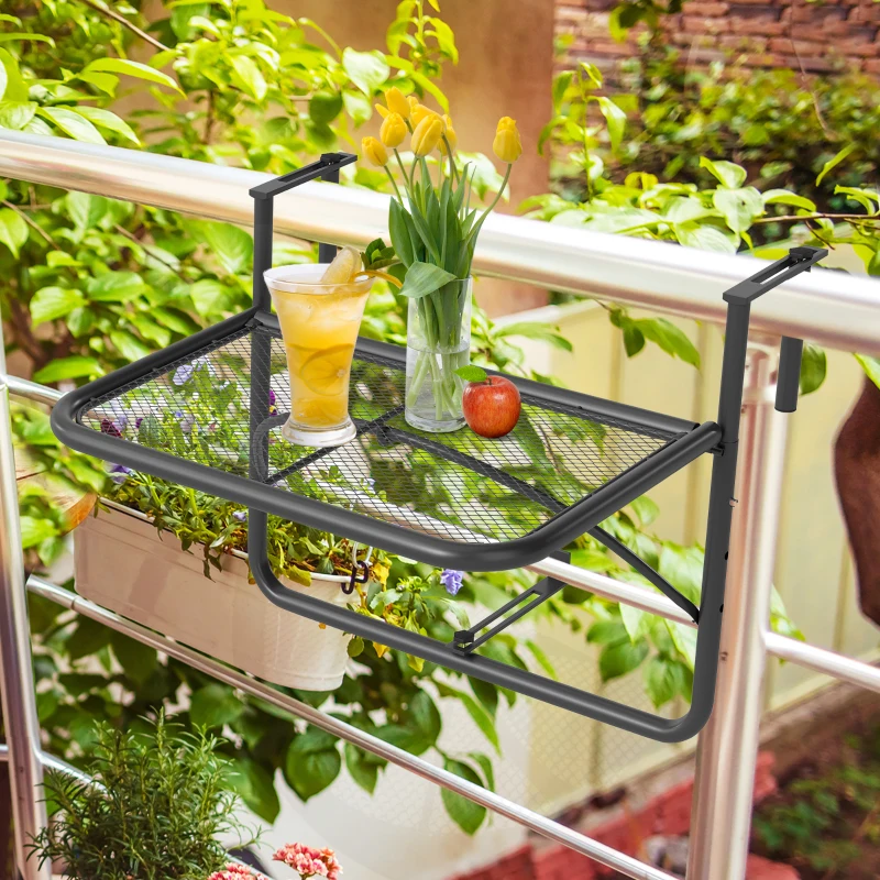 Outsunny Adjustable Balcony Hanging Railing Table, Metal Mounting Mini Wall Desk Storage Rack, Outdoor Flower Stand Serving Table Rectangle, Black