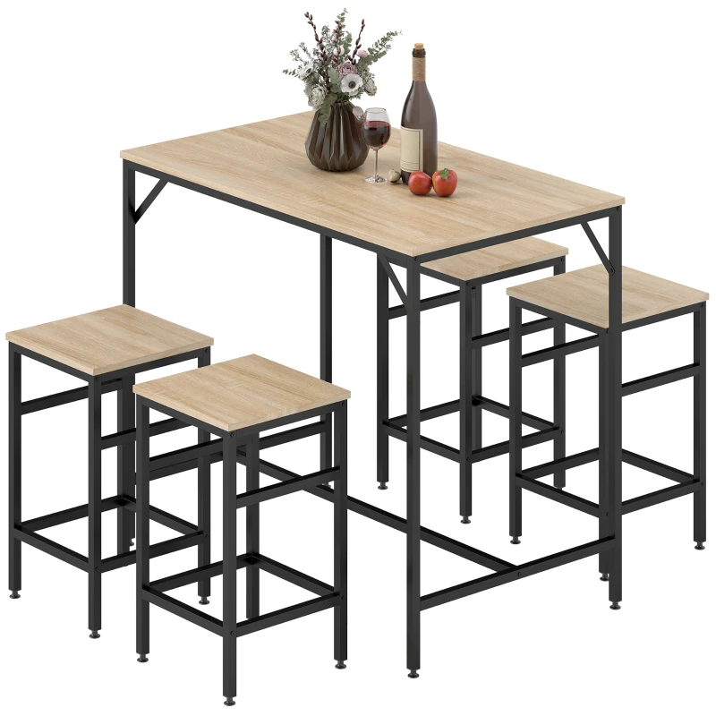 HOMCOM 5 Pieces Industrial Rectangular Bar Table Set, Dining Table Set Breakfast Table with 4 Stools for Dining Room, Kitchen, Dinette, Oak