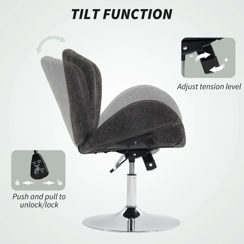 HOMCOM Swivel Office Chair, Velvet Desk Chair with Wide Bucket Seat, Butterfly Back, Tilt Function and Round Base, Dark Grey