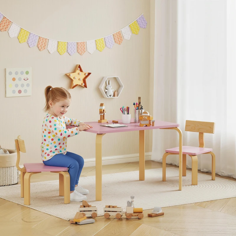 Qaba Kids Table and 2 Chair Set, Children Multi-Activity Furniture Set for Playing, Learning, Eating, Craft, Pink