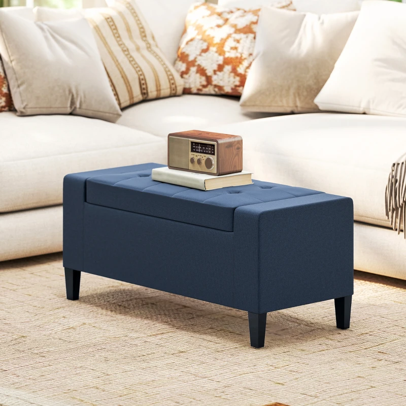 HOMCOM Storage Ottoman Bench, Linen Upholstered Bench with Tufted Design, Dark Blue