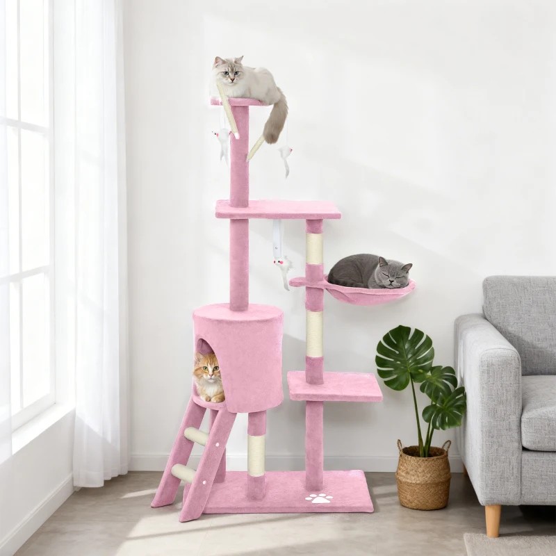 PawHut 53" Cat Tree Tower, Kitten Activity Centre with Scratching Posts, Condo, Perches, Ladder, Hammock, Dangling Toys, Pink