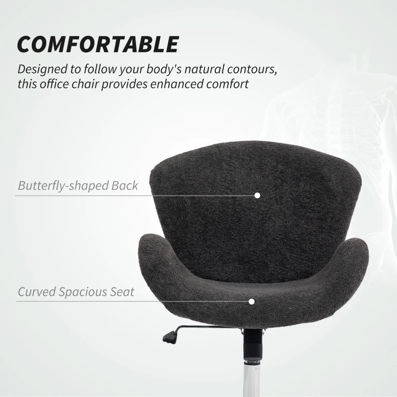 HOMCOM Swivel Office Chair, Velvet Desk Chair with Wide Bucket Seat, Butterfly Back, Tilt Function and Round Base, Dark Grey