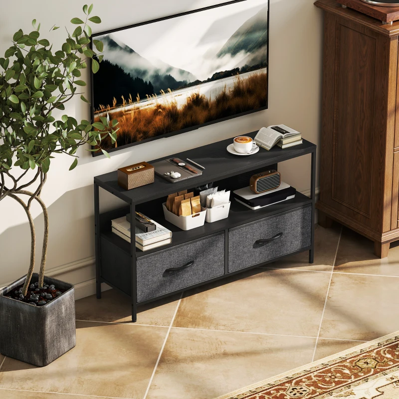 HOMCOM TV Stand with Charging Station, TV Table with 2 Foldable Linen Drawers and Open Shelf for 47 Inch Television, Black