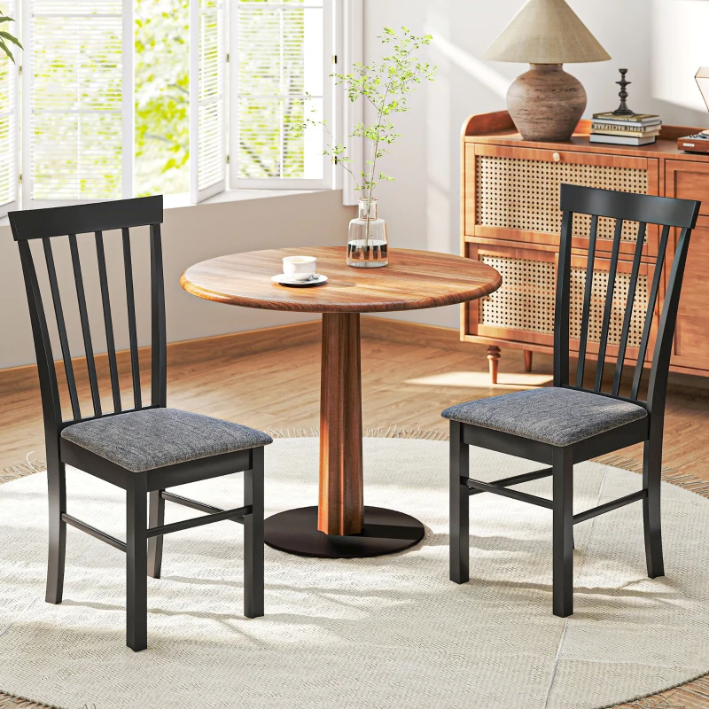 HOMCOM Wooden Dining Chairs Set of 2, Farmhouse Upholstered Kitchen Chairs with Rubber Wood Frame, Black and Gray