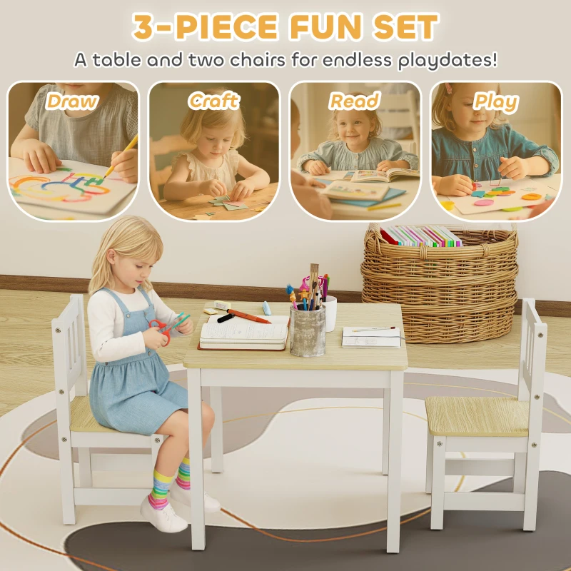 Qaba Kids Table and Chairs Set, Toddler Table and 2 Chair Set for Activity, Art, Craft, Reading, Learning, Natural