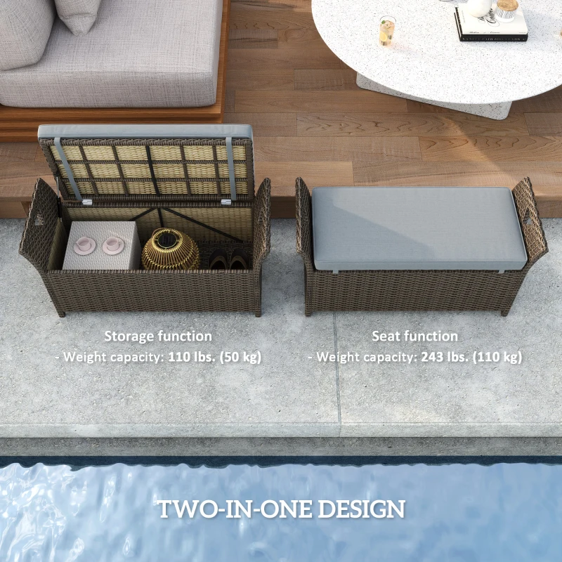 Outsunny 2-In-1 Outdoor PE Rattan Storage Bench, 29 Gallon Patio Wicker Furniture, Basket Box with Handles and Cushion Dark Grey