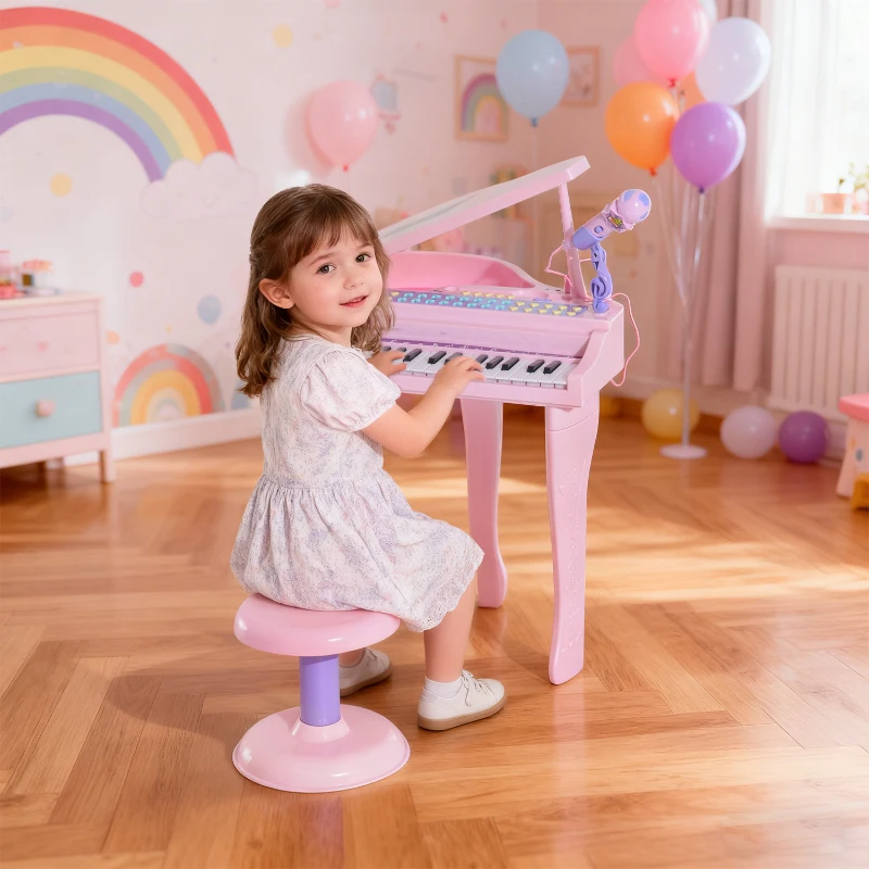 Qaba Mini Electronic Musical Piano 37 Key Keyboard Multifunction Kids Toy with Microphone Stool (Pink)