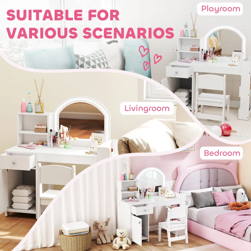 Qaba Kids Vanity Set, Toddler Dressing Table and Chair Set  with Lighted Mirror, Cabinet, Drawer and Shelves, White