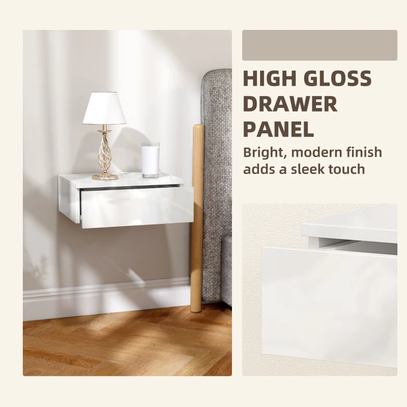 HOMCOM Set of 2 Wall Mounted Bedside Tables, High Gloss Floating Nightstands with Drawer for Bedroom, White