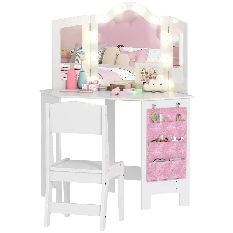 Qaba Kids Vanity Table and Chair Set with Lights, Makeup Dressing Table with Tri-Fold Mirror for Ages 3-8 Years, White