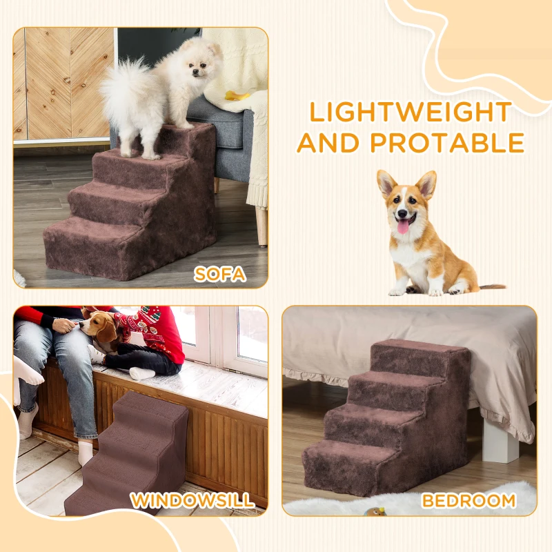 PawHut 4-Step Dog Ramp for Sofa, Bed, and Couch, with Removable Cover, Brown