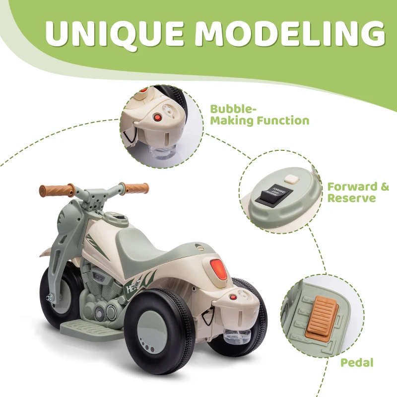 Qaba Ride On Motorcycle, 6V Ride on Bubble Car, 3 Wheeled Electric Motorcycle for Kids w/ LED Headlight, Music, Cream White