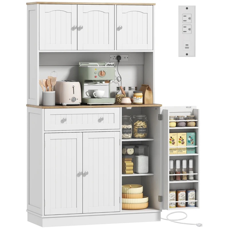HOMCOM 68" Pantry Cabinet with Charging Station, Kitchen Storage Cabinet with Microwave Stand, 4 Door Racks, White