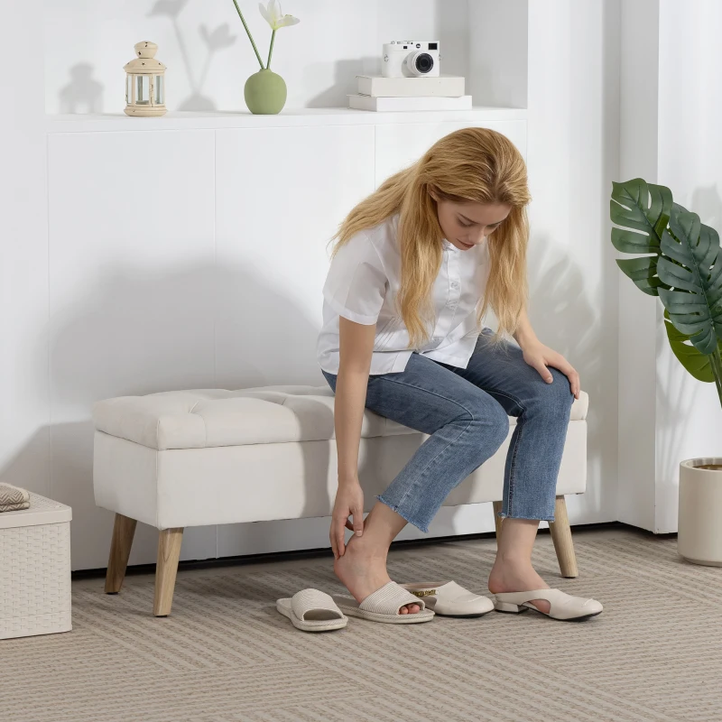 HOMCOM Storage Ottoman with Lid, Velvet Upholstered Storage Bench with Wood Legs for Living Room, Cream White