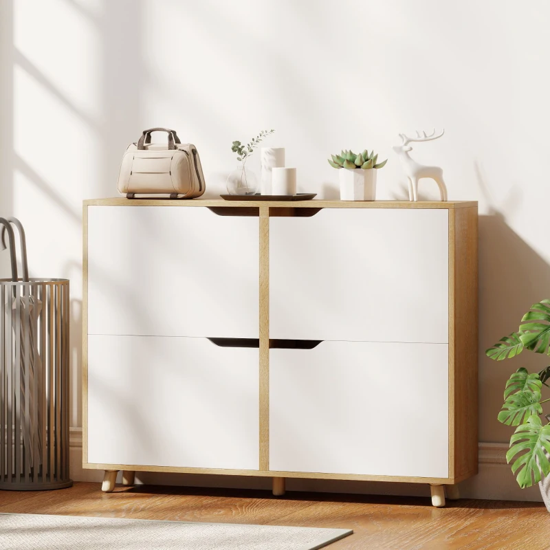 HOMCOM Narrow Shoe Cabinet, Shoe Storage Cabinet with 4 Flip Drawers and Adjustable Shelves for 16 Pairs of Shoes, Natural