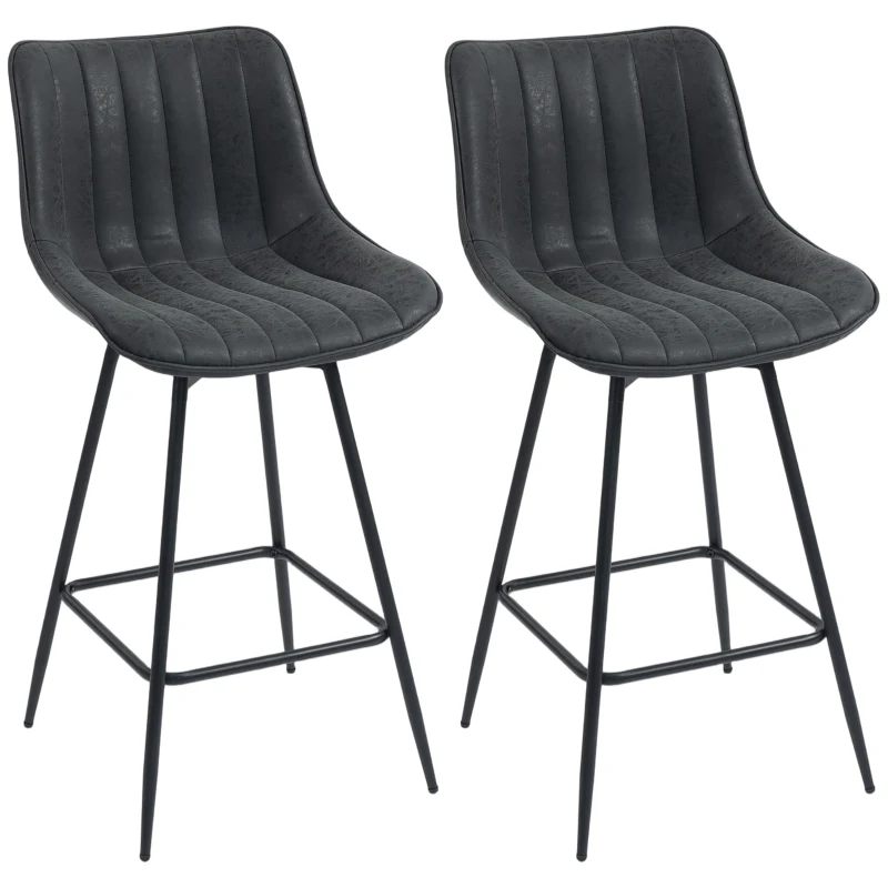 HOMCOM Set of 2 Counter Height Barstools, PU Leather Upholstered Bar Stools with Backrest, Footrest and Steel Legs, Black