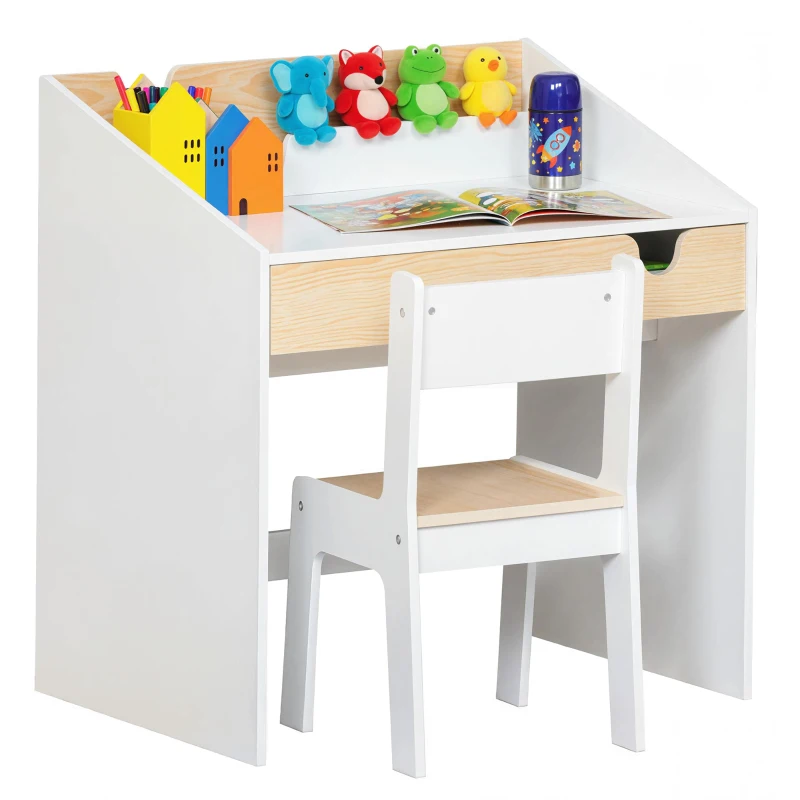 Qaba 2 Pieces Kids Desk and Chair Set with Storage Pull-Out Drawer for 6-10 Years, Writing, Reading, Drawing