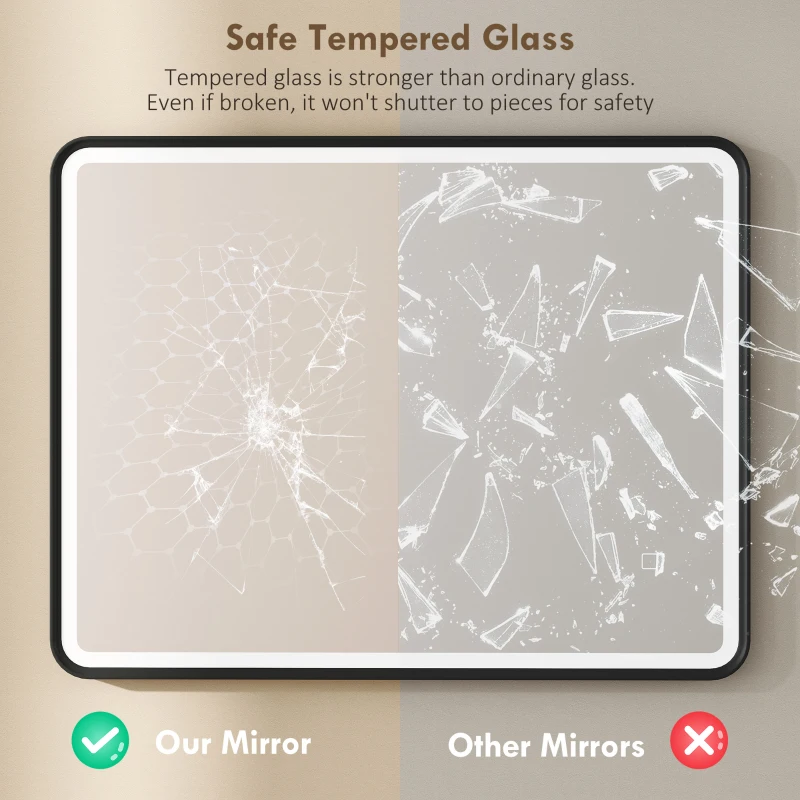 HOMCOM 36" x 28" Bath Mirror with LED Lights, Wall Mounted Restroom Mirror, 3 Colours, Dimmable, Horizontal/Vertical, Black