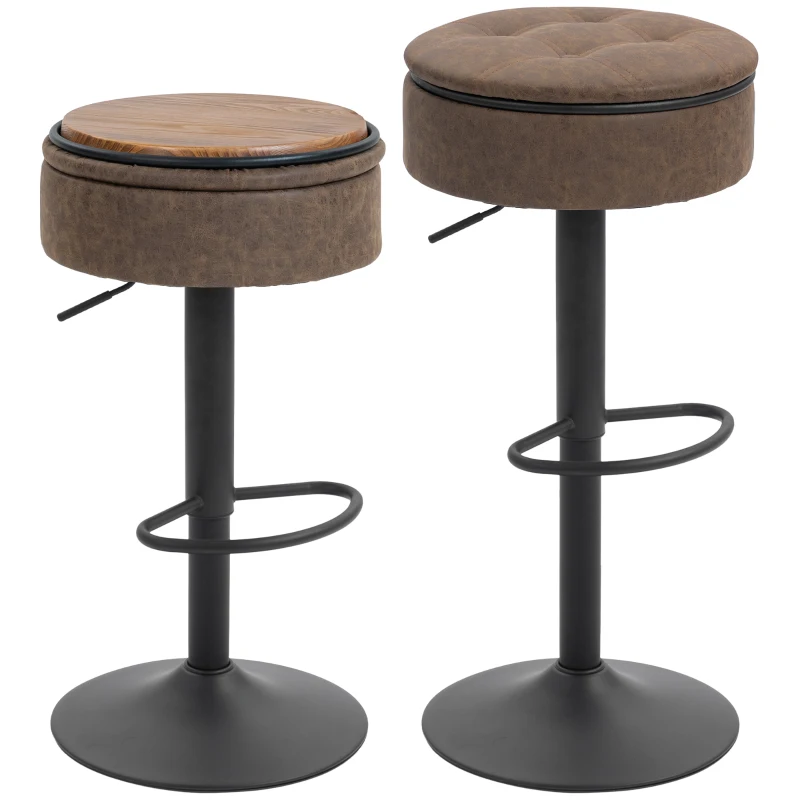 HOMCOM Set of 2 Barstools with Storage, Swivel Bar Stools with PU Leather Upholstered, Footrest, Steel Base, Brown