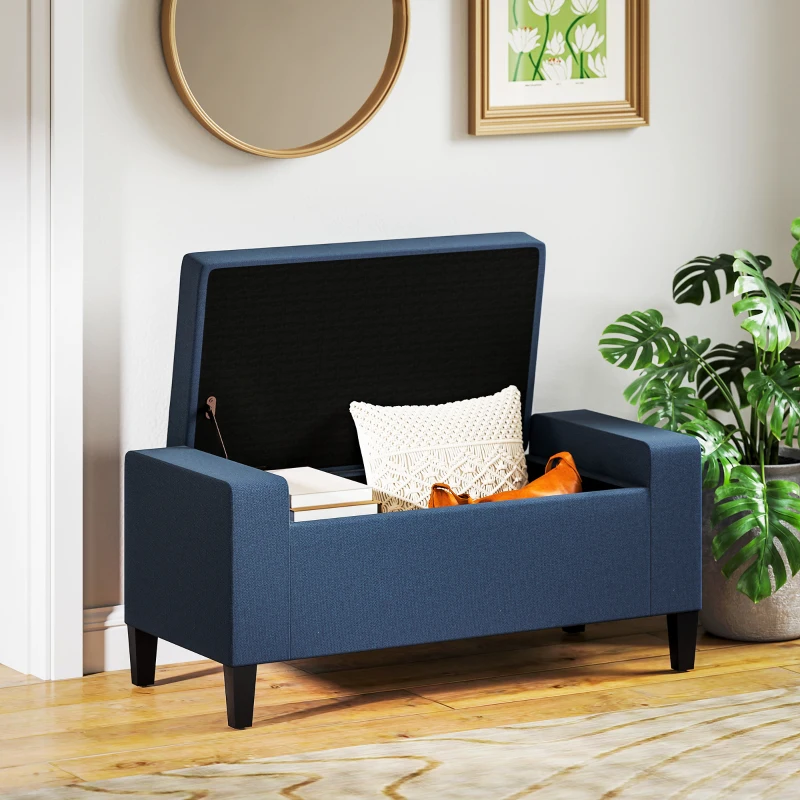 HOMCOM Storage Ottoman Bench, Linen Upholstered Bench with Tufted Design, Dark Blue