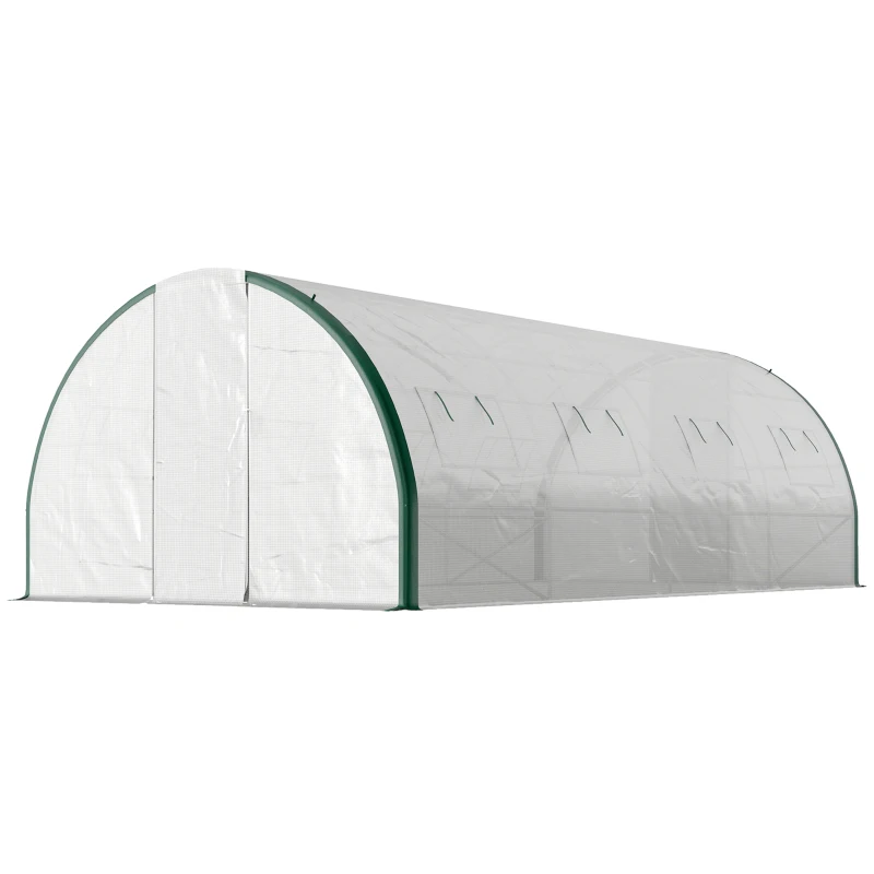 Outsunny Tunnel Greenhouse Walk-in Plant Warm House with 2 Hinged Doors, 8 Mesh Windows, 20' x 10' x 6.6', White