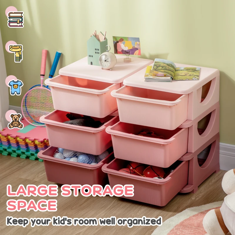 Qaba 3 Tier Kids Toy Organizer and Storage Bins with 6 Plastic Drawers, Pink