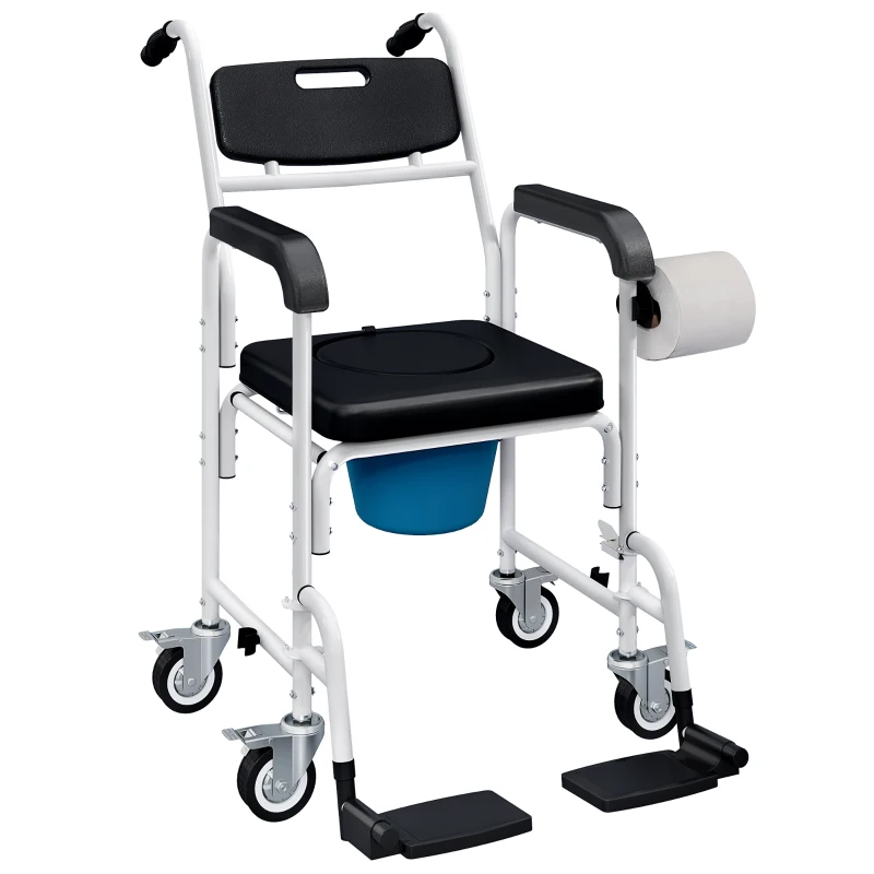 HOMCOM Rolling Shower Chair, Bedside Commode Chair with Wheels, Backrest, Arms, Flip Footrests for Seniors, Disabled, Black