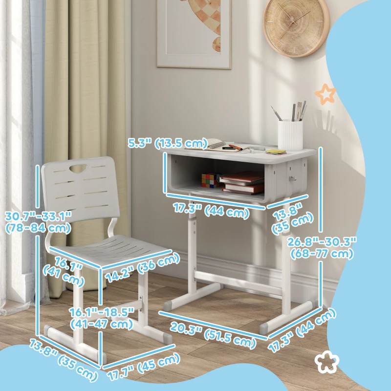 Qaba Kids Desk and Chair Set, Height Adjustable Children Study Desk and Chair with Drawer, Study Table for Bedroom, Grey