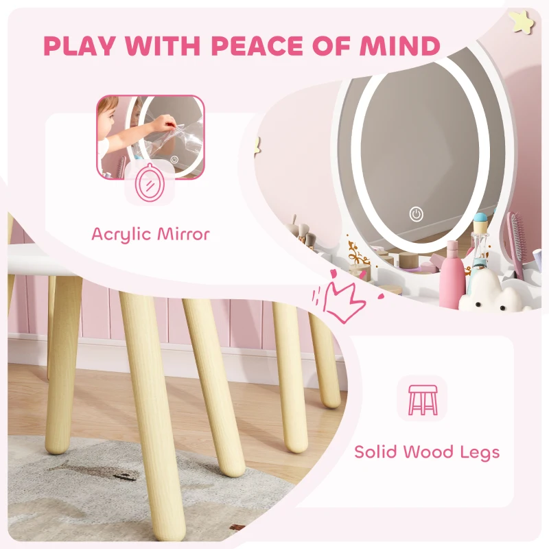 Qaba Kids Vanity Set with Mirror, Stool, 3-Colour LED Lights, Girls Dressing Table Pretend Play for Kids Room, Pink