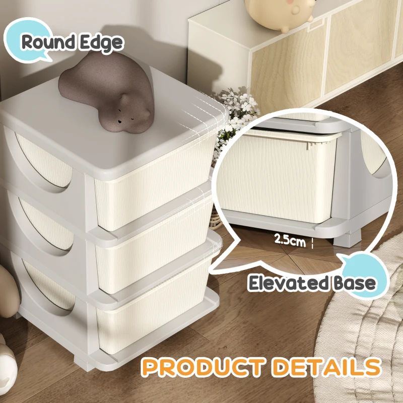 Qaba 3 Tier Kids Storage Unit, 3 Drawer Chest Toy Organizer Plastic Bins for Kids Bedroom Nursery Kindergarten Living Room for Boys Girls Toddlers, Cream White