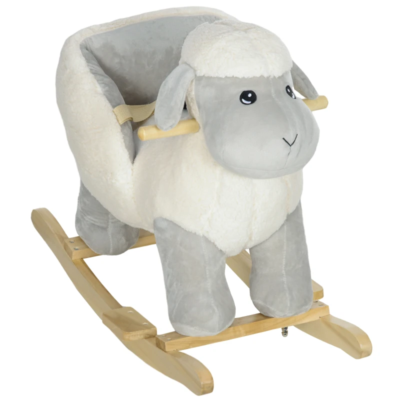 Qaba Baby Rocking Horse Lamb with Seat Belt, Sounds & Pedals for Kids 18-36 Months, Gray