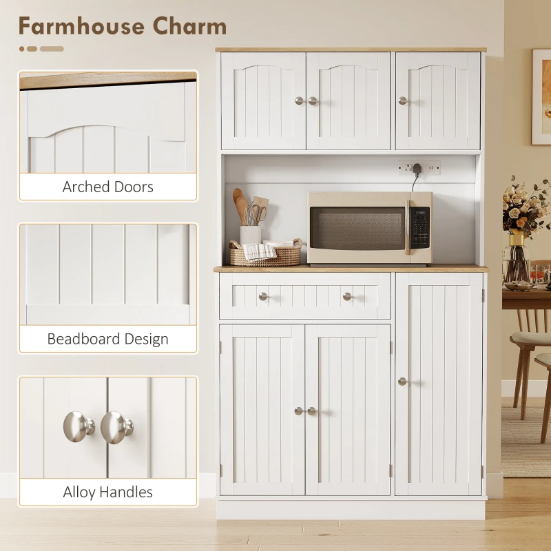 HOMCOM 68" Pantry Cabinet with Charging Station, Kitchen Storage Cabinet with Microwave Stand, 4 Door Racks, White