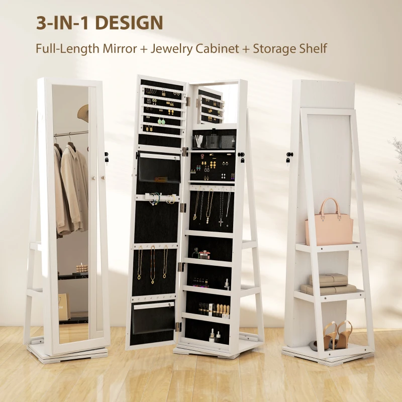 HOMCOM 360° Swivel Jewelry Armoire, Lockable Mirror Jewelry Cabinet with Built-In Small Mirror, White