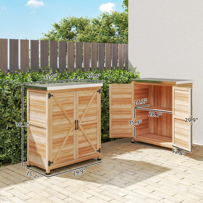 Outsunny Wooden Storage Cabinet, Outdoor Prep Table w/ Metal Tabletop, Shelves and Double Doors for Patio, Garden, Natural Wood