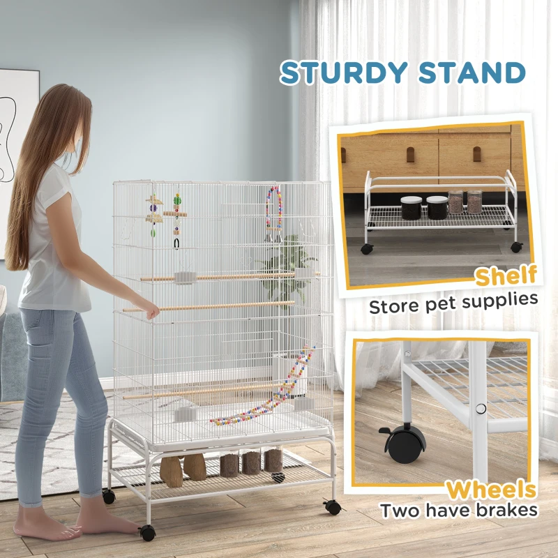 PawHut 52" Bird Cage with Rolling Stand, Toys, for Budgies Canaries White