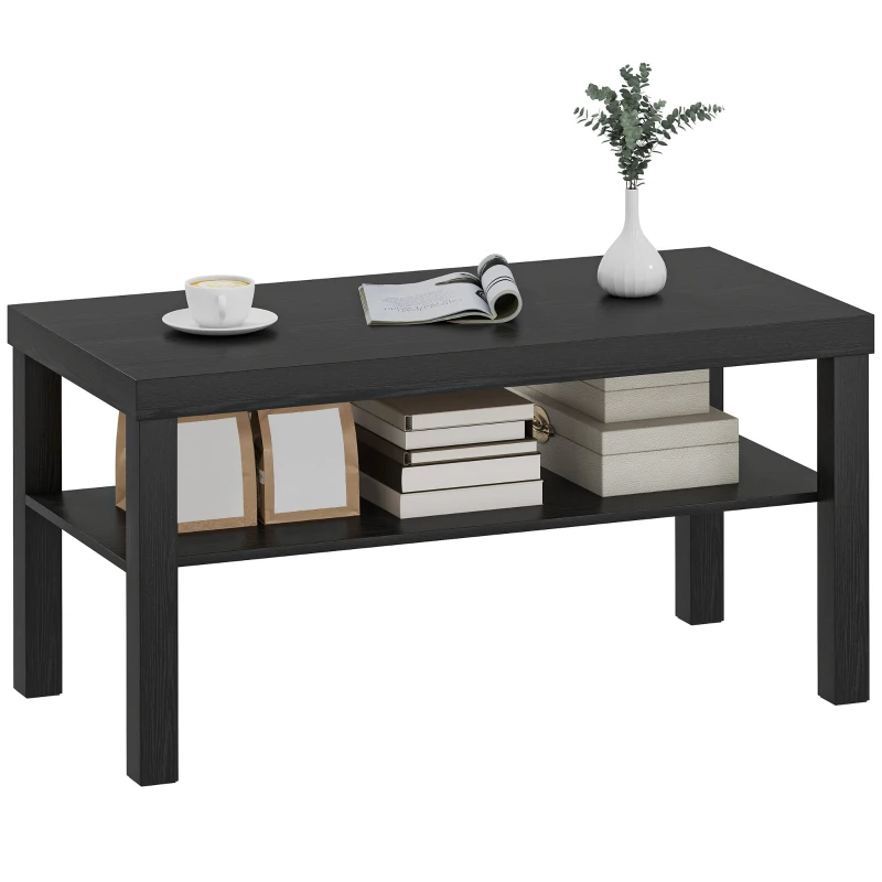 HOMCOM 2 Tier Coffee Table, Rectangular Center Table with Storage Shelf for Living Room, Home Office, Black