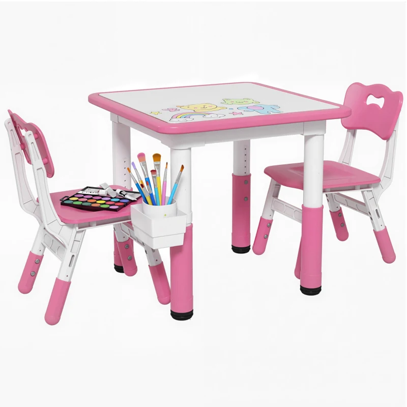 Qaba 3 Pieces Toddler Table and Chair Set, Height Adjustable Kids Table and Chair Set w/ Storage, for Playroom Pink