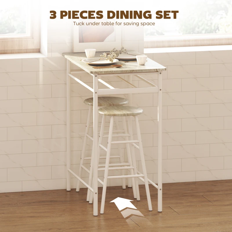 HOMCOM 3 Piece Counter Height Bar Table Set with 1 Table, 2 Matching Stools, Dining Table Set with Storage Shelf and Metal Frame Footrest, White and Oak