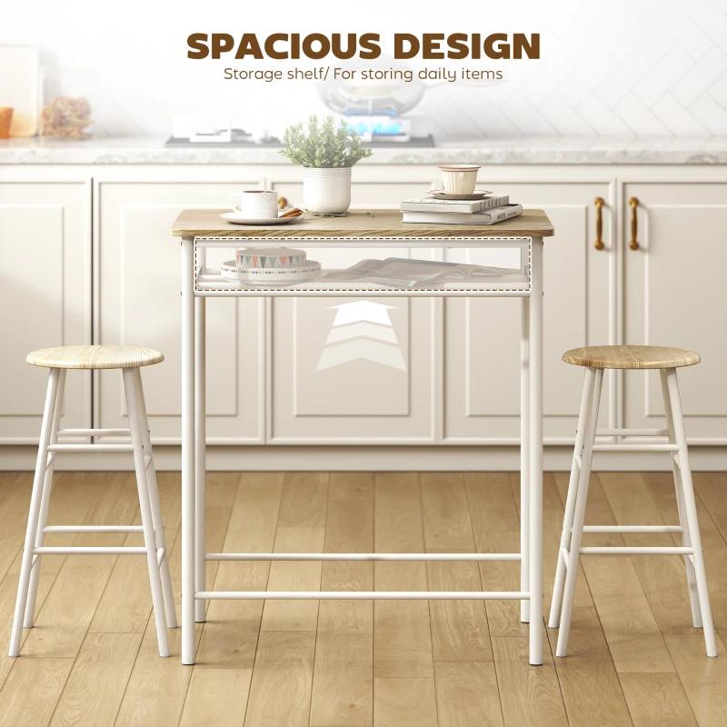 HOMCOM 3 Piece Counter Height Bar Table Set with 1 Table, 2 Matching Stools, Dining Table Set with Storage Shelf and Metal Frame Footrest, White and Oak